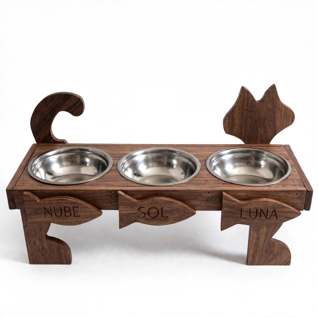 Comedero Triple Personalizado para 3 Gatos - 3 Nombres Grabados en Madera