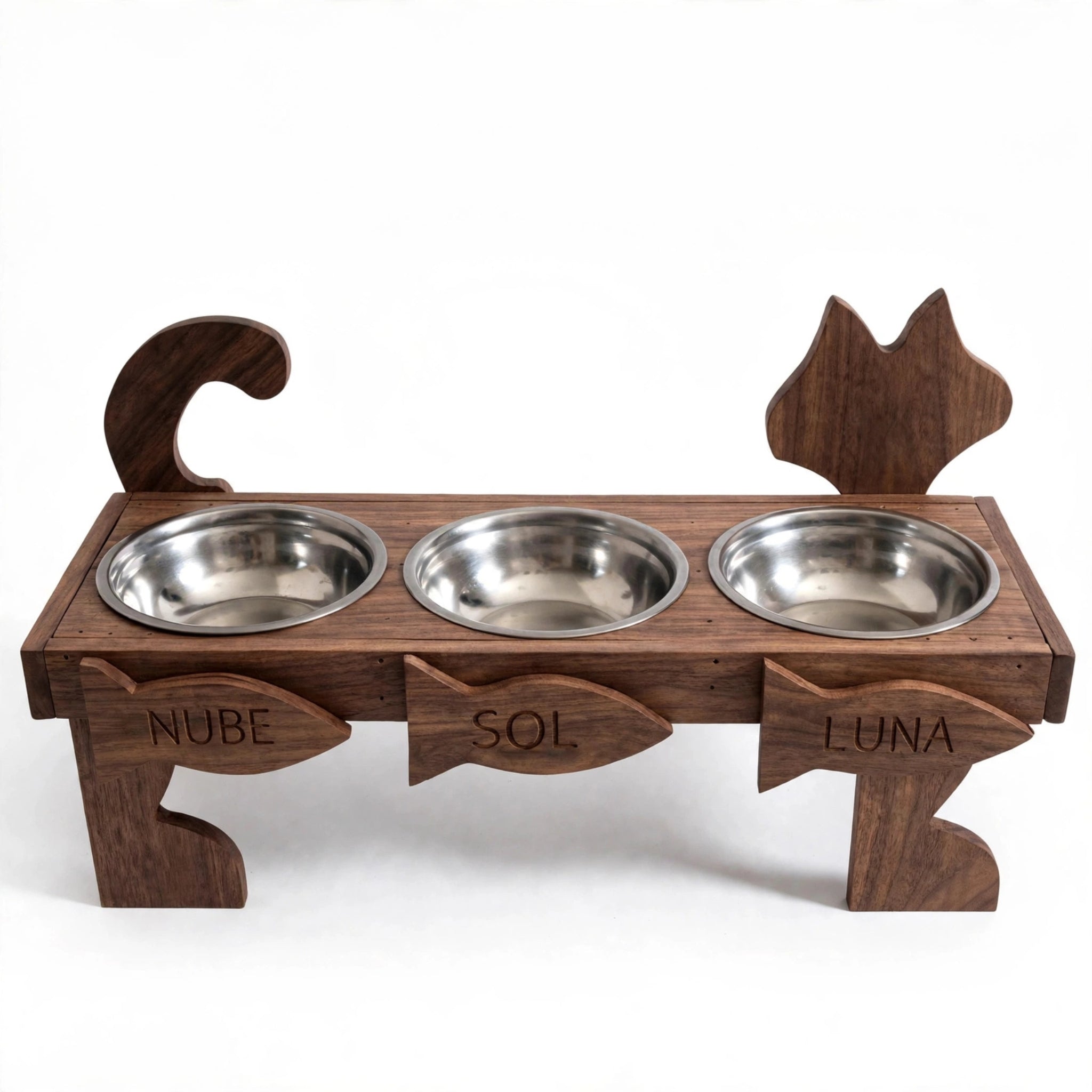Comedero Triple Personalizado para 3 Gatos - 3 Nombres Grabados en Madera