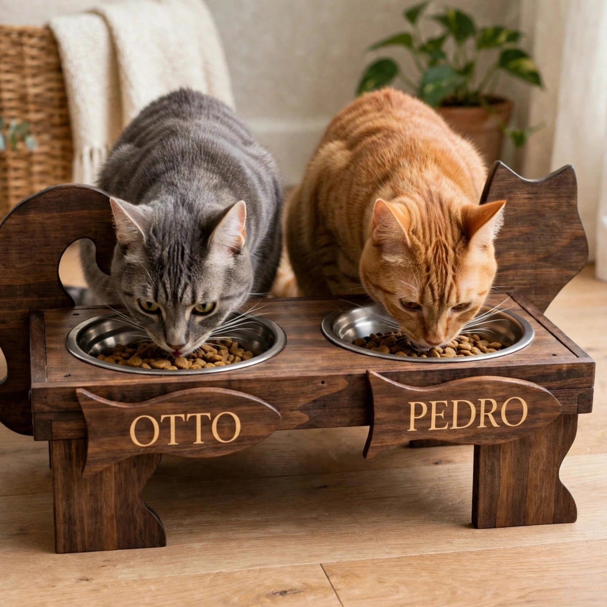 Comedero Doble Personalizado para 2 Gatos - Madera con 2 Nombres Grabados