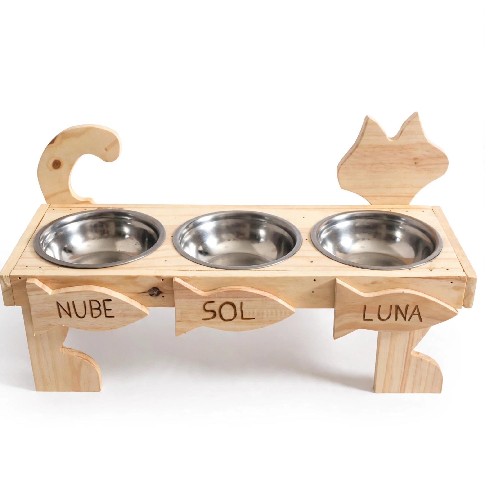 Comedero Triple Personalizado para 3 Gatos - 3 Nombres Grabados en Madera