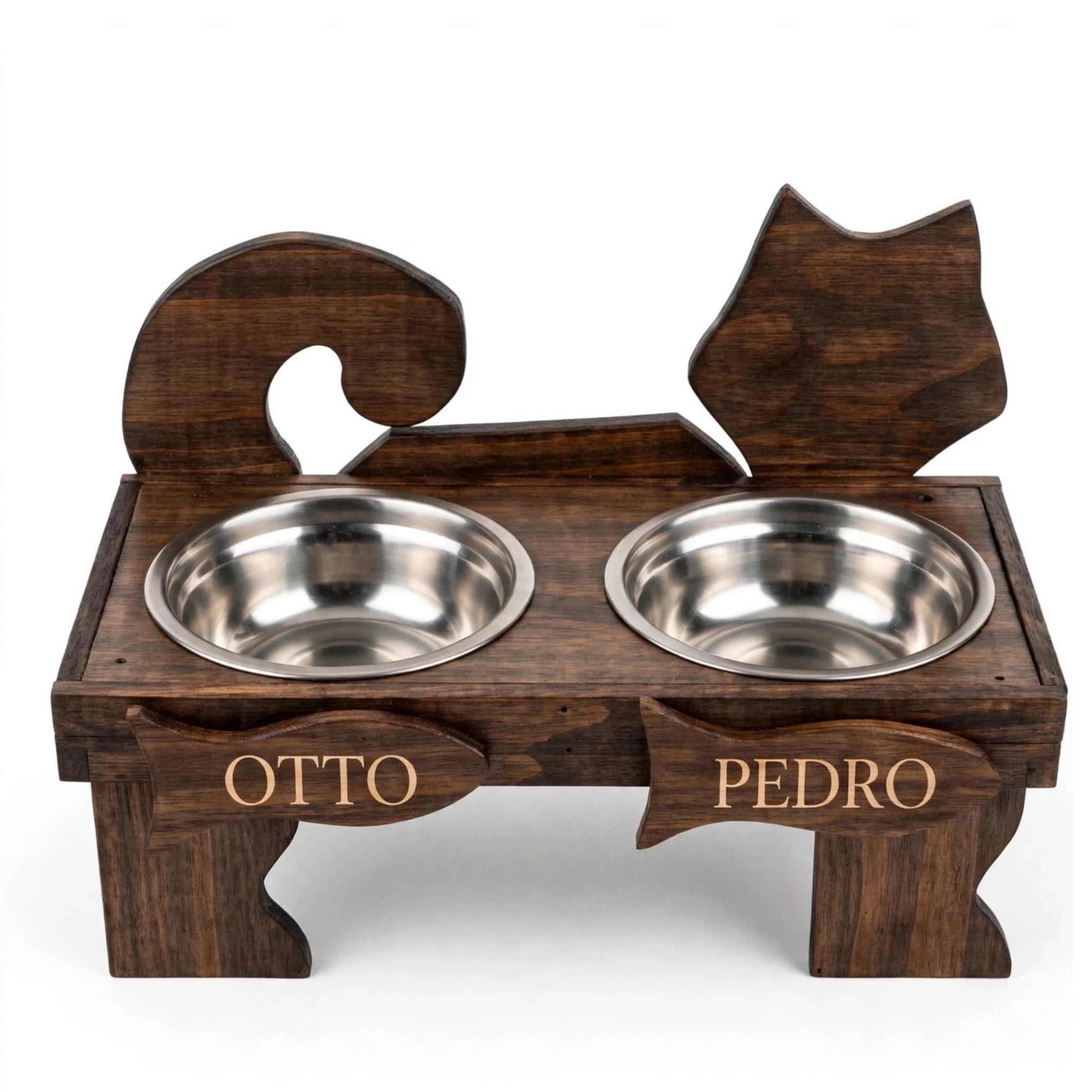 Comedero Doble Personalizado para 2 Gatos - Madera con 2 Nombres Grabados