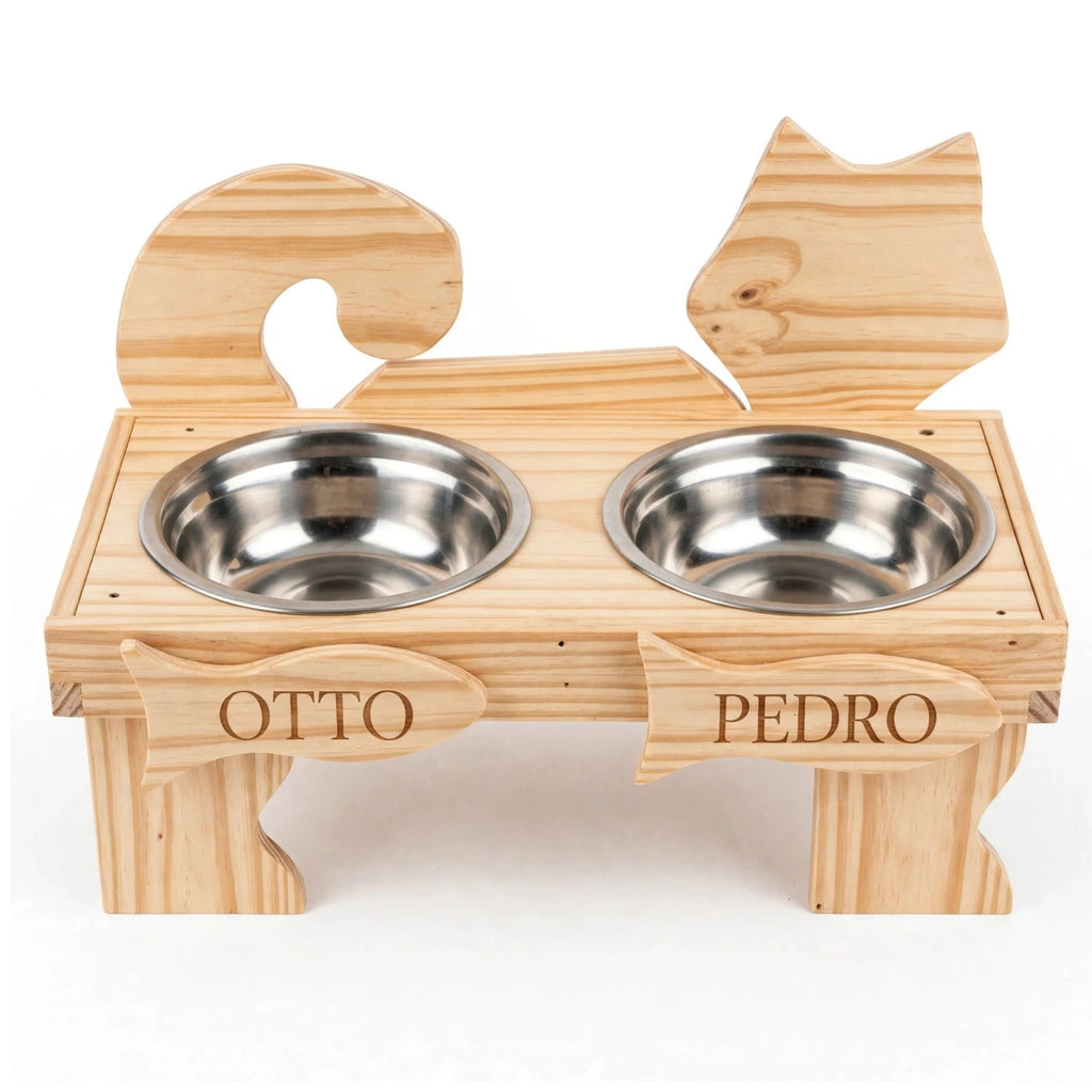 Comedero Doble Personalizado para 2 Gatos - Madera con 2 Nombres Grabados
