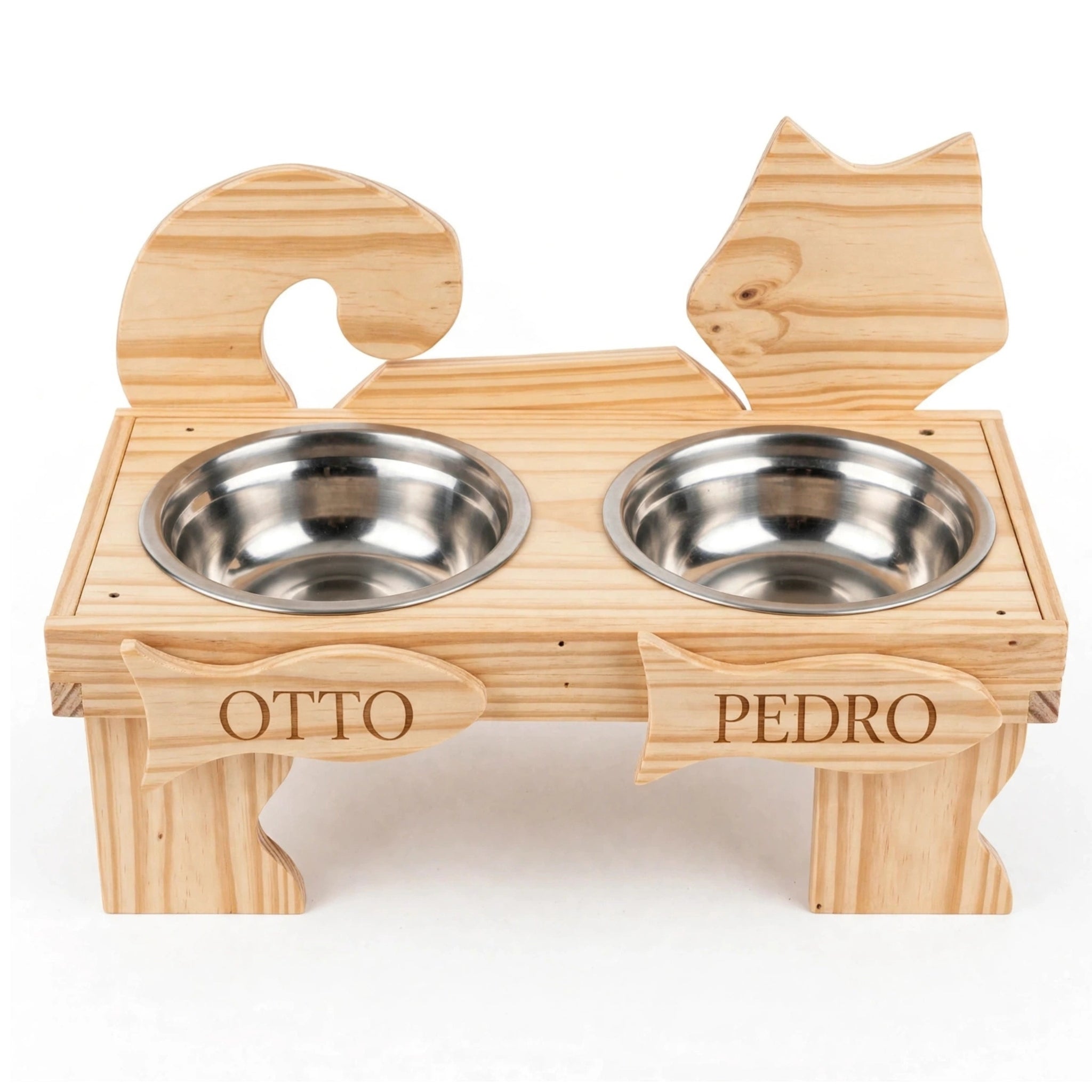 Comedero Doble Personalizado para 2 Gatos - Madera con 2 Nombres Grabados