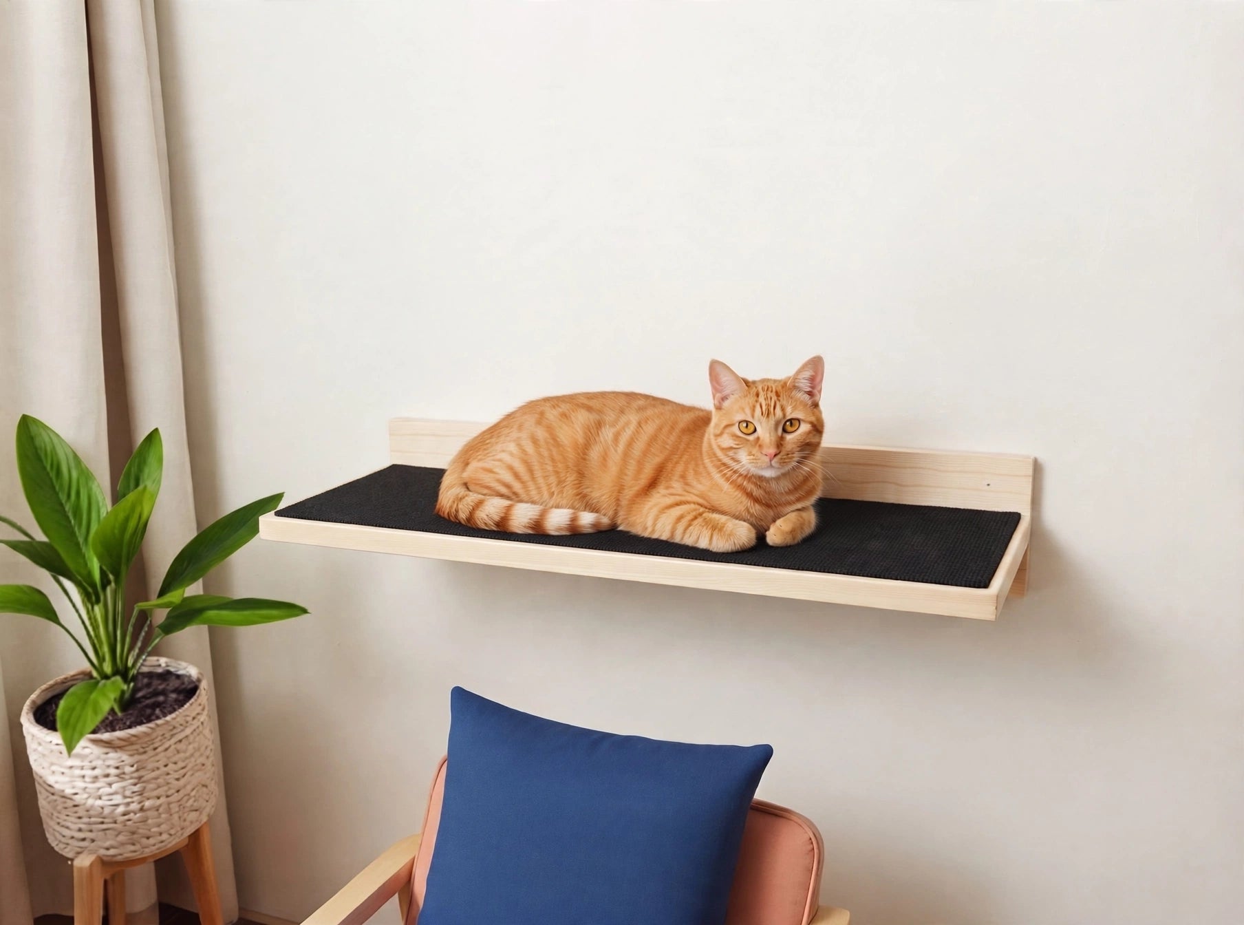 Repisa Plataforma Flotante para Gatos 50x20 cm - Madera Natural Tratada + Moqueta color a elección - Resistente y Minimalista