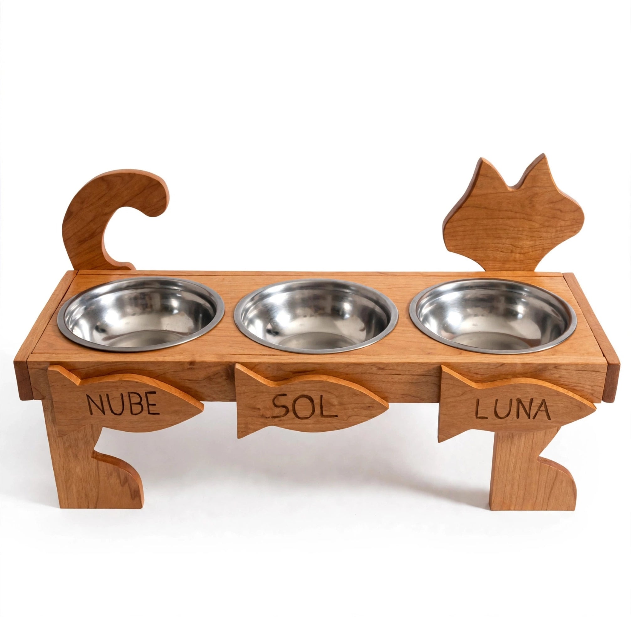 Comedero Triple Personalizado para 3 Gatos - 3 Nombres Grabados en Madera