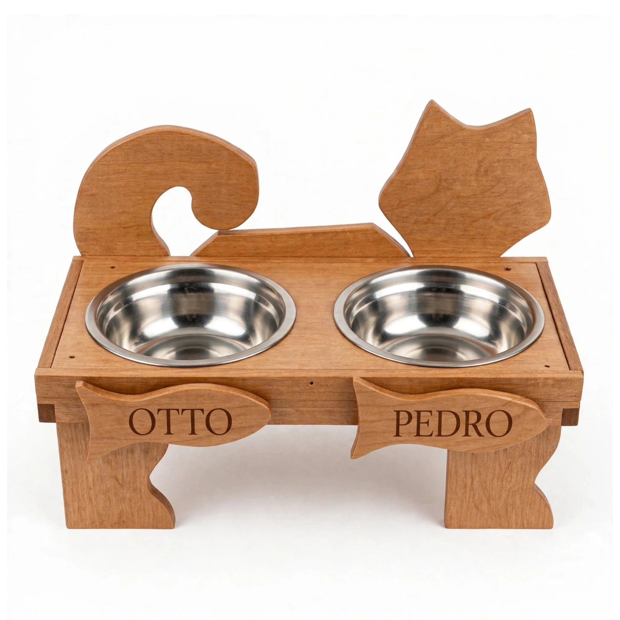 Comedero Doble Personalizado para 2 Gatos - Madera con 2 Nombres Grabados