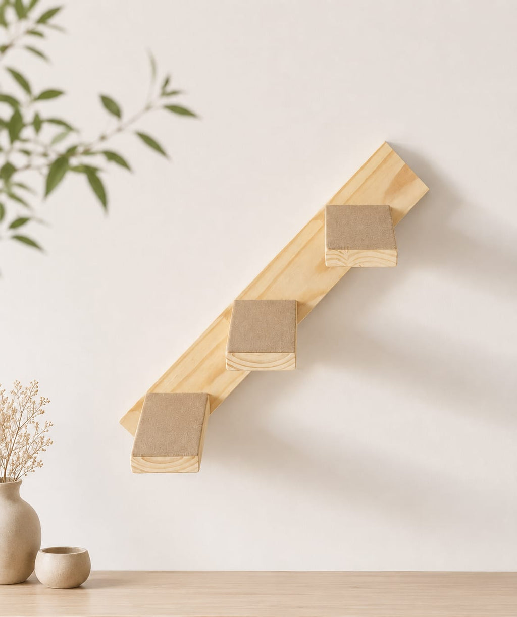 Escalera Colgante de Pared para Gatos - 3 Escalones 25x15 cm - Madera Natural + Moqueta Azul - Circuito Gatero