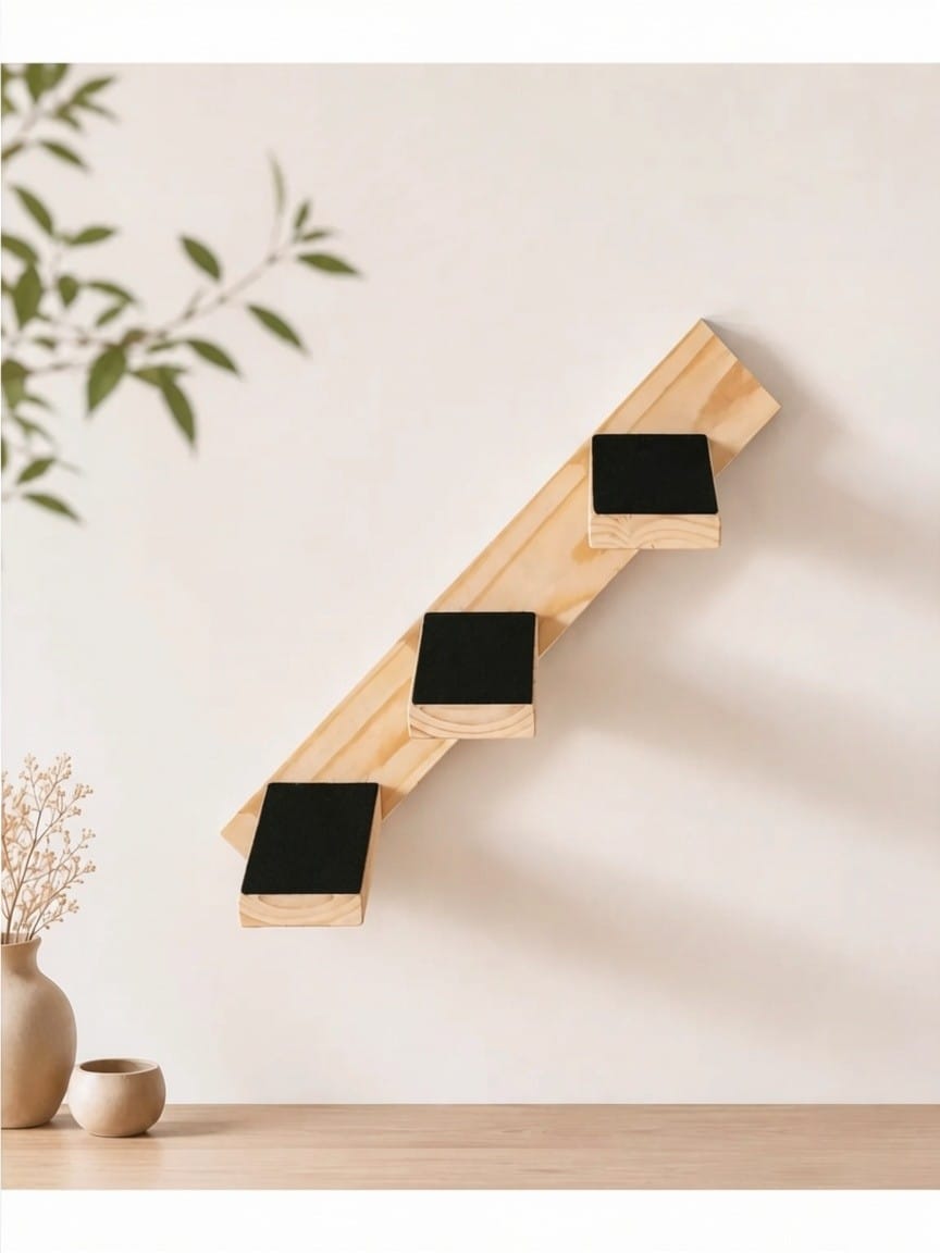 Escalera Colgante de Pared para Gatos - 3 Escalones 25x15 cm - Madera Natural + Moqueta Azul - Circuito Gatero