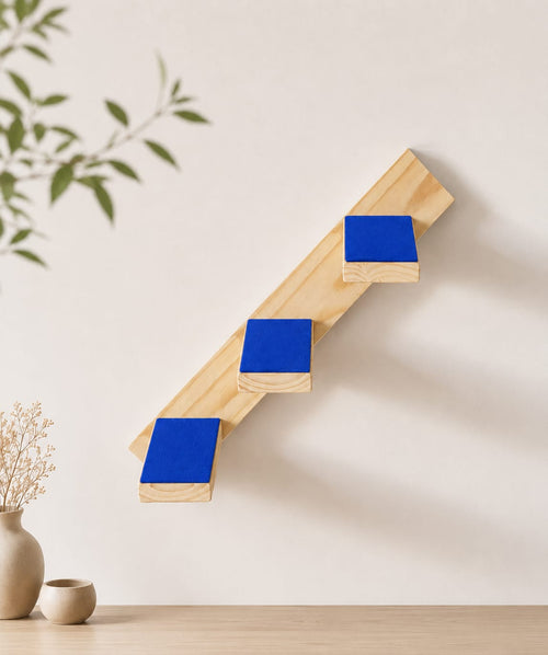 Escalera Colgante de Pared para Gatos - 3 Escalones 25x15 cm - Madera Natural + Moqueta Azul - Circuito Gatero