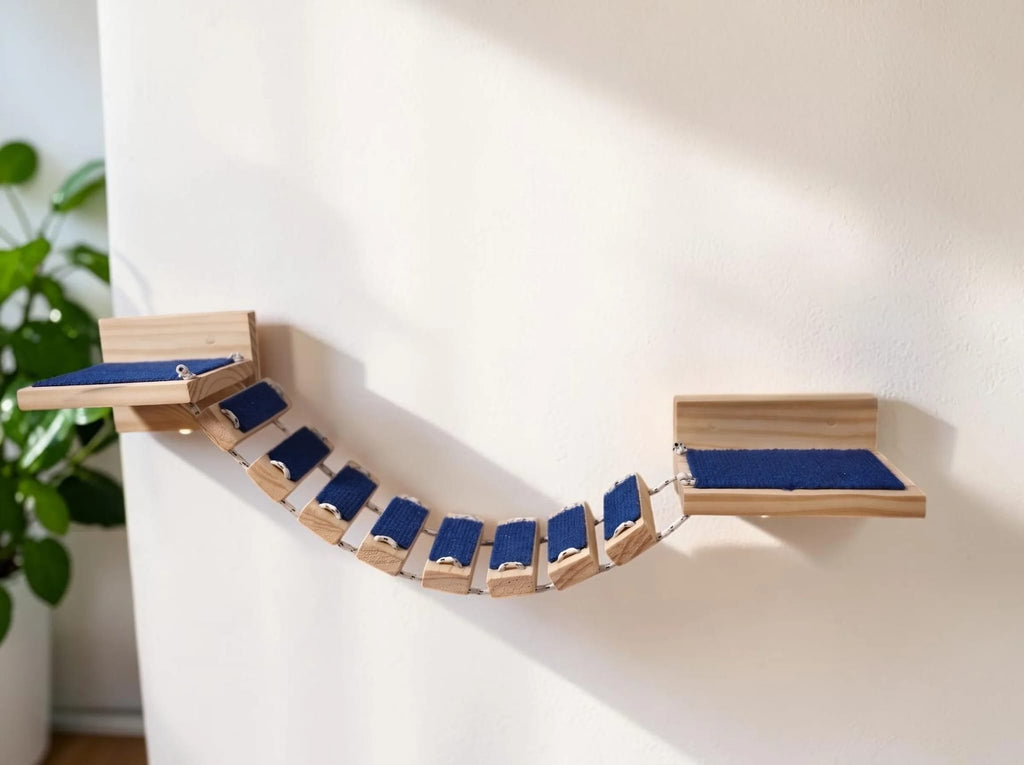 Puente Colgante para Gatos con 2 Plataformas 25x15 + 8 Peldaños - Circuito Gatero de Pared - Madera Natural + Moqueta Negra