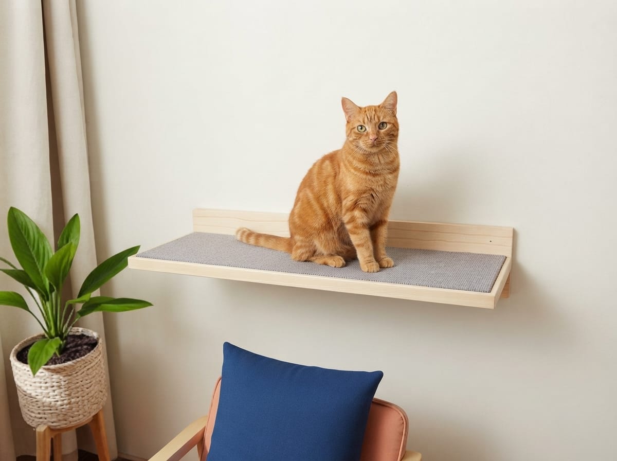 Repisa Plataforma Flotante para Gatos 50x20 cm - Madera Natural Tratada + Moqueta color a elección - Resistente y Minimalista