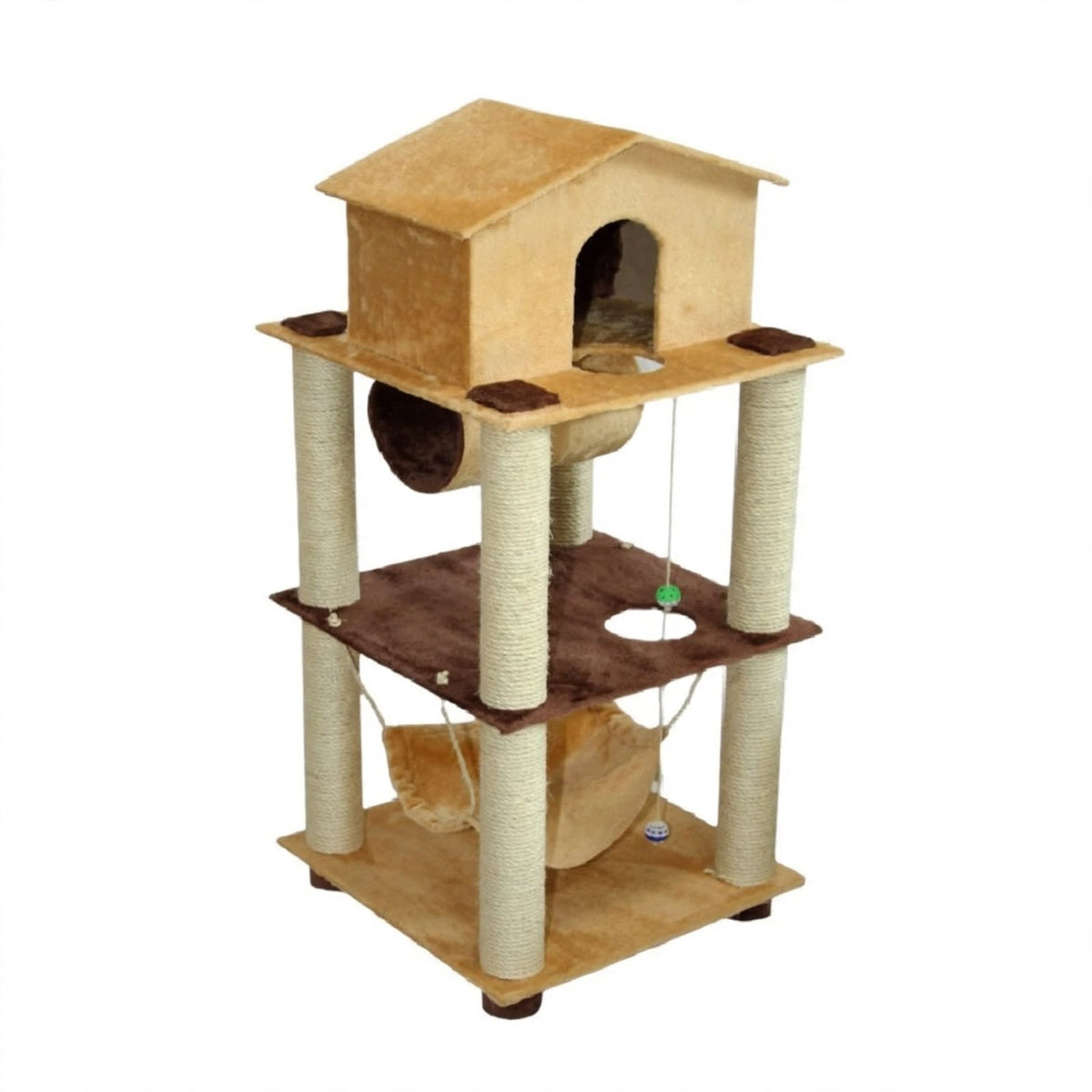 Rascador Torre de Madera Maciza para Gatos con Casita, Túnel y Hamaca - 90cm Alto - 4 Niveles