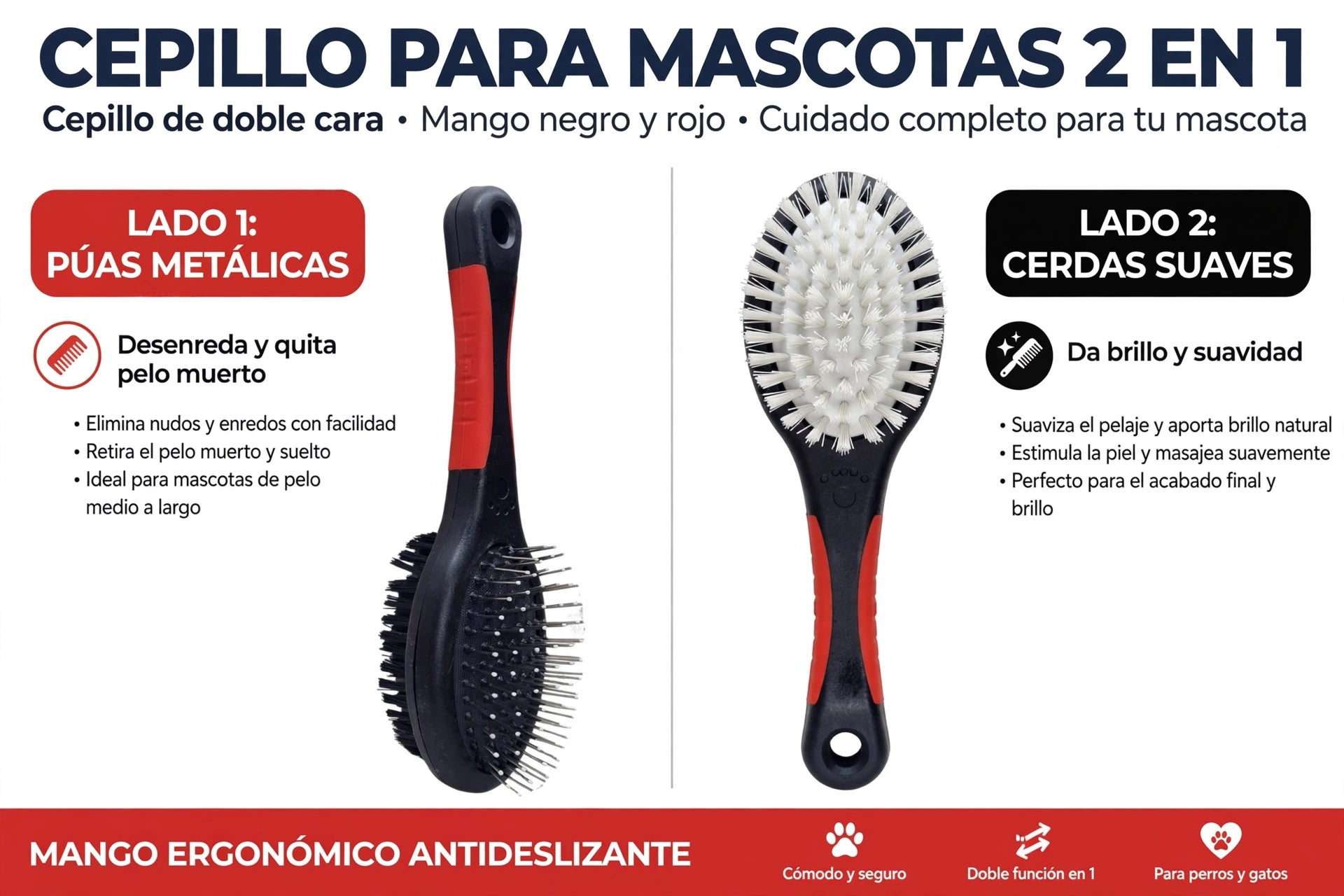 Cepillo Doble 2 en 1 para Gatos y Perros - Púas Metálicas + Cerdas Suaves - Mango Antideslizante - Michi UY