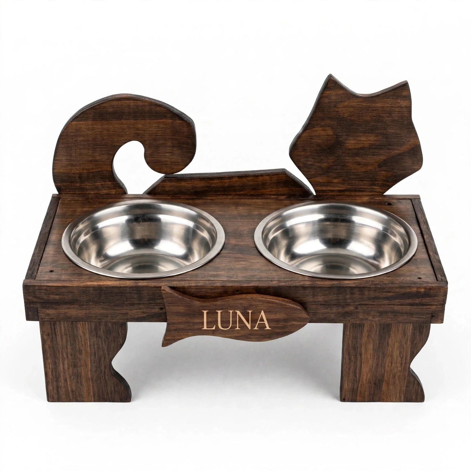 Comedero Elevado Personalizado para Gatos - Madera Natural con Nombre Grabado | 2 Bowls Acero Inoxidable