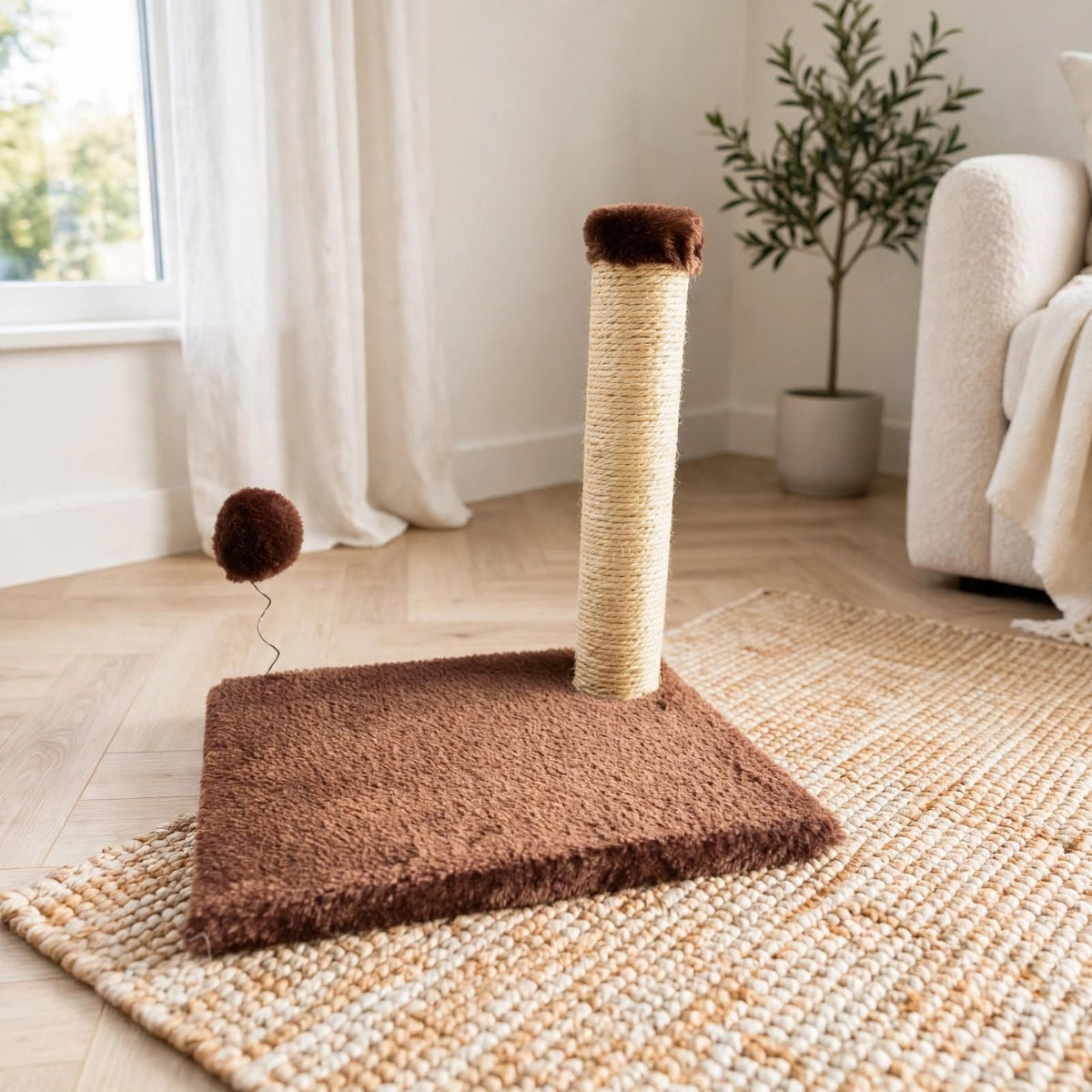 Rascador Pequeño para Gatos con Poste de Sisal y Juguete Pompón - Base Alfombrada