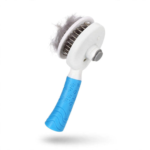 Cepillo Autolimpiable para Gatos Michi UY - Quita Pelo Muerto con 1 Click - Mango Antideslizante Azul