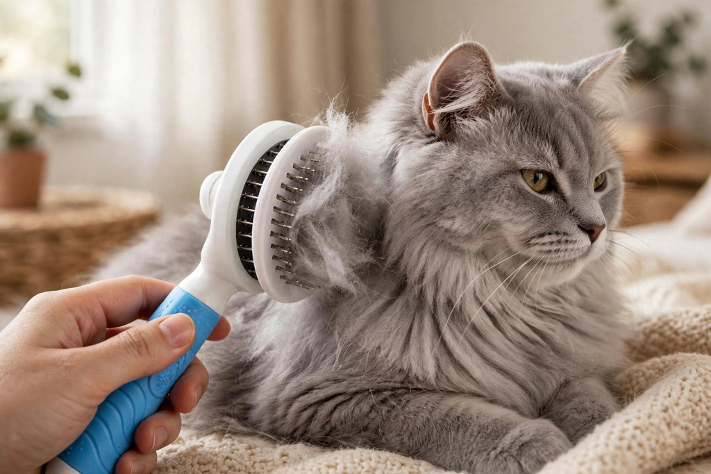 Cepillo Autolimpiable para Gatos Michi UY - Quita Pelo Muerto con 1 Click - Mango Antideslizante Azul
