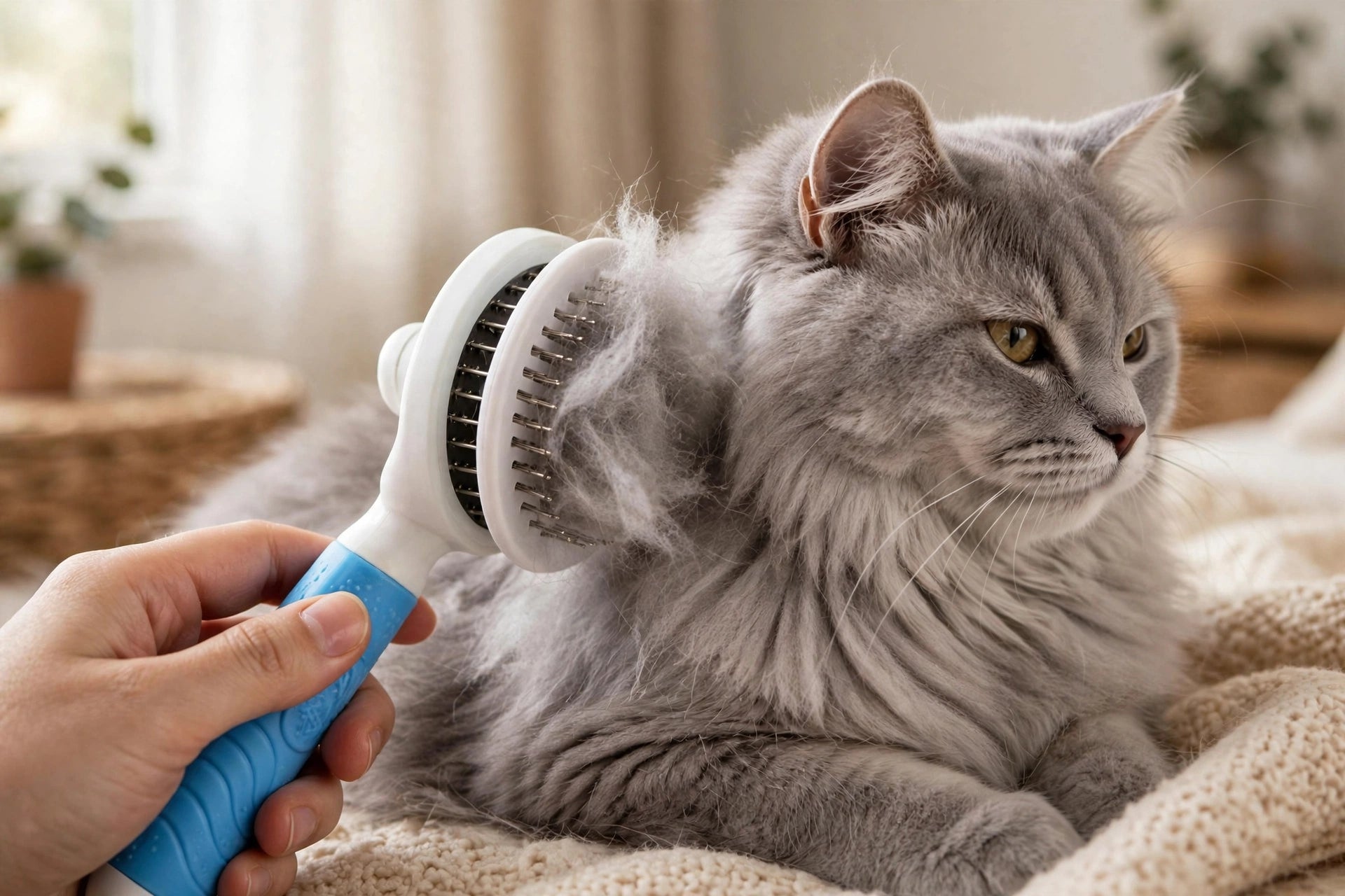 Cepillo Autolimpiable para Gatos Michi UY - Quita Pelo Muerto con 1 Click - Mango Antideslizante Azul