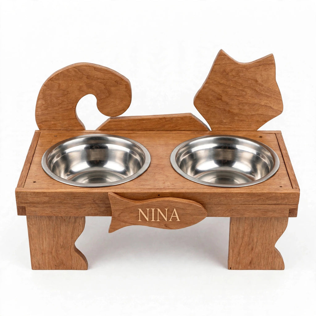Comedero Elevado Personalizado para Gatos - Madera Natural con Nombre Grabado | 2 Bowls Acero Inoxidable