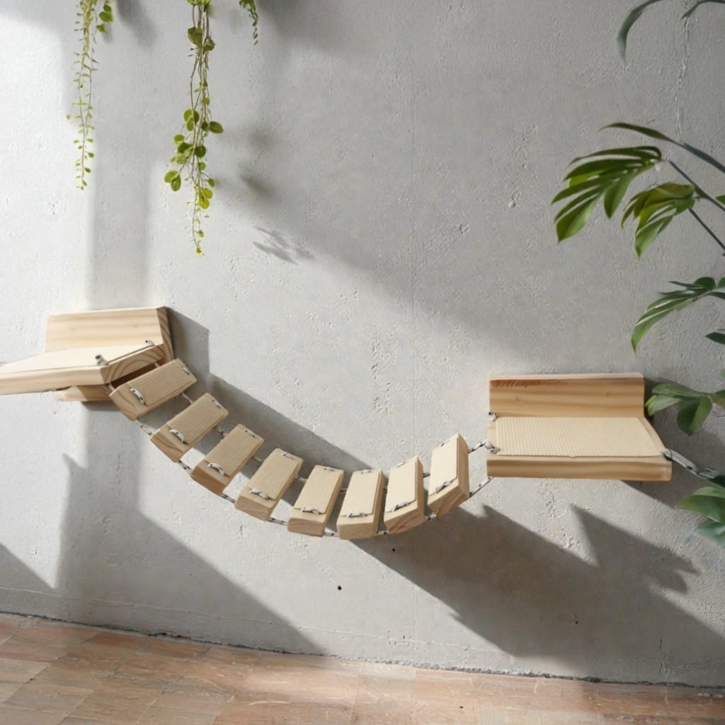 Puente Colgante para Gatos con 2 Plataformas 25x15 + 8 Peldaños - Circuito Gatero de Pared - Madera Natural + Moqueta Negra