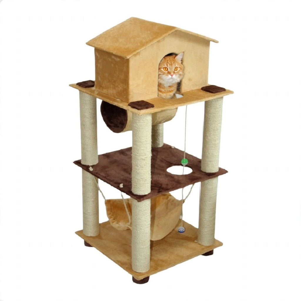 Rascador Torre de Madera Maciza para Gatos con Casita, Túnel y Hamaca - 90cm Alto - 4 Niveles