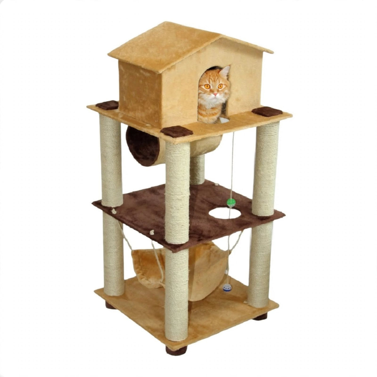 Rascador Torre de Madera Maciza para Gatos con Casita, Túnel y Hamaca - 90cm Alto - 4 Niveles