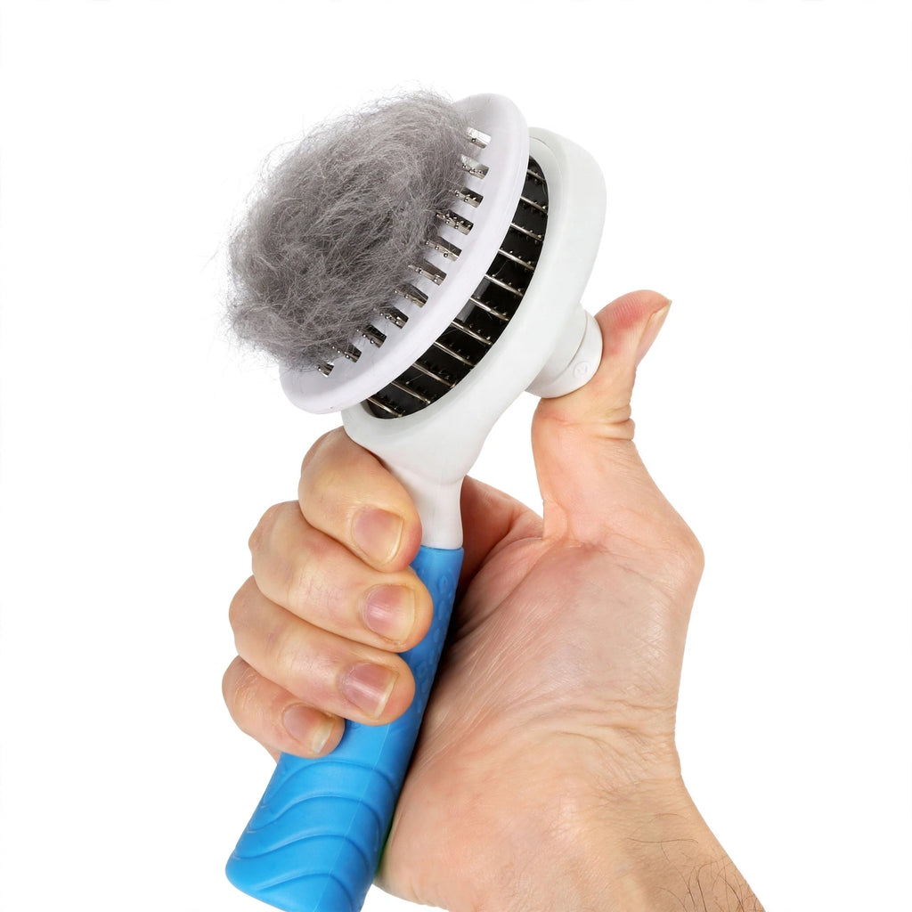 Cepillo Autolimpiable para Gatos Michi UY - Quita Pelo Muerto con 1 Click - Mango Antideslizante Azul