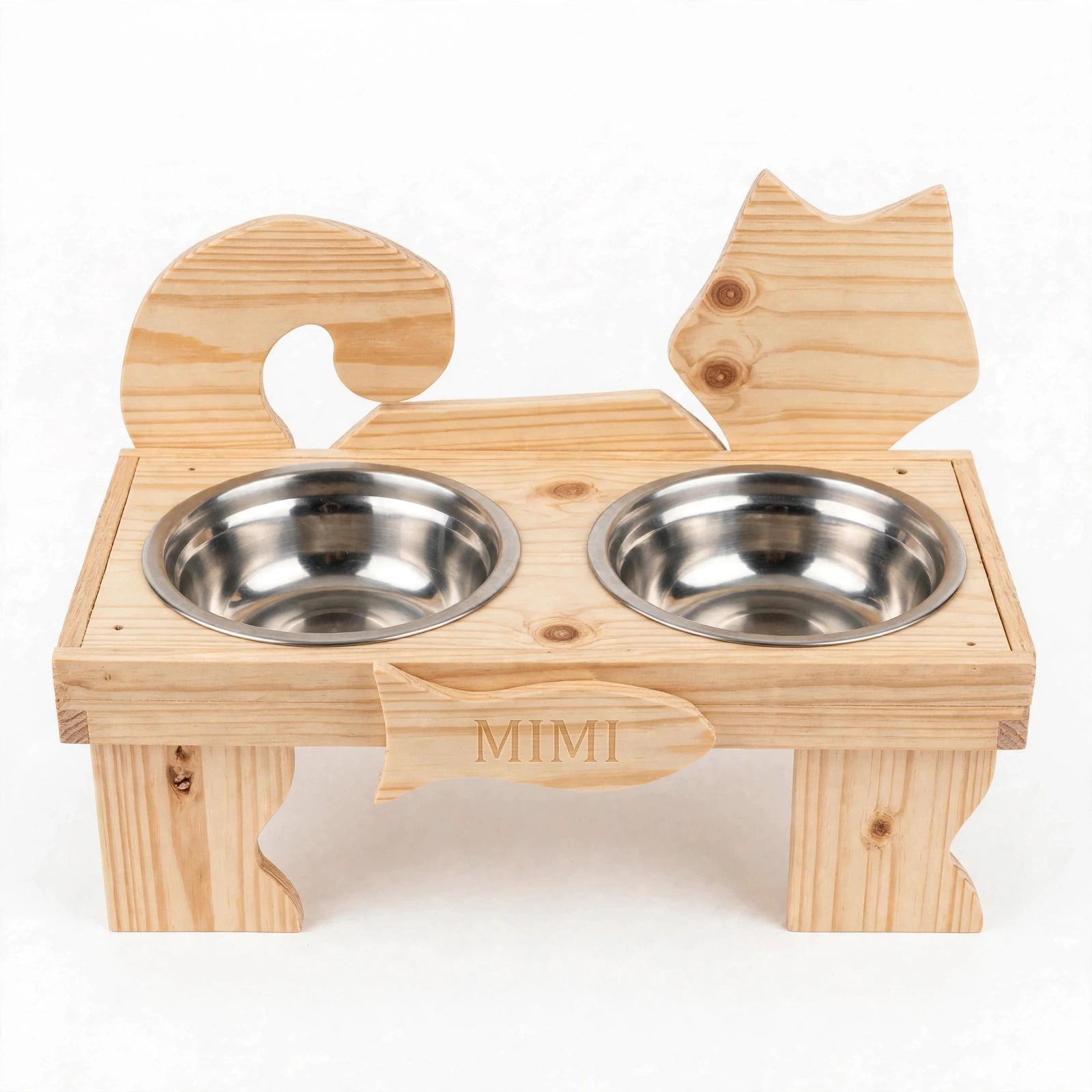 Comedero Elevado Personalizado para Gatos - Madera Natural con Nombre Grabado | 2 Bowls Acero Inoxidable