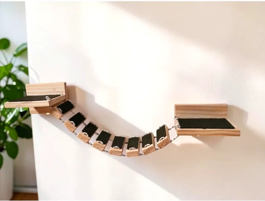 Puente Colgante para Gatos con 2 Plataformas 25x15 + 8 Peldaños - Circuito Gatero de Pared - Madera Natural + Moqueta Negra