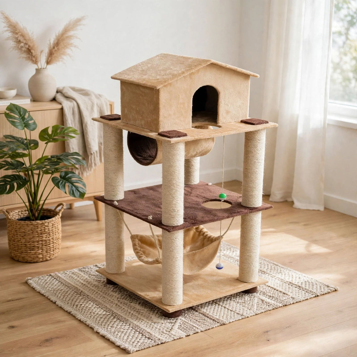 Rascador Torre de Madera Maciza para Gatos con Casita, Túnel y Hamaca - 90cm Alto - 4 Niveles