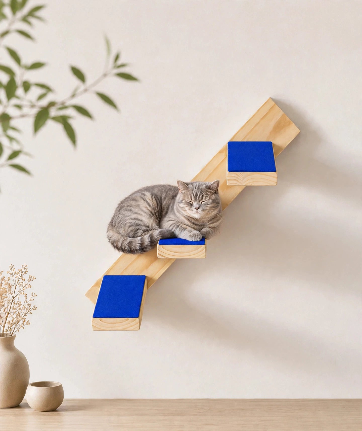 Escalera Colgante de Pared para Gatos - 3 Escalones 25x15 cm - Madera Natural + Moqueta Azul - Circuito Gatero