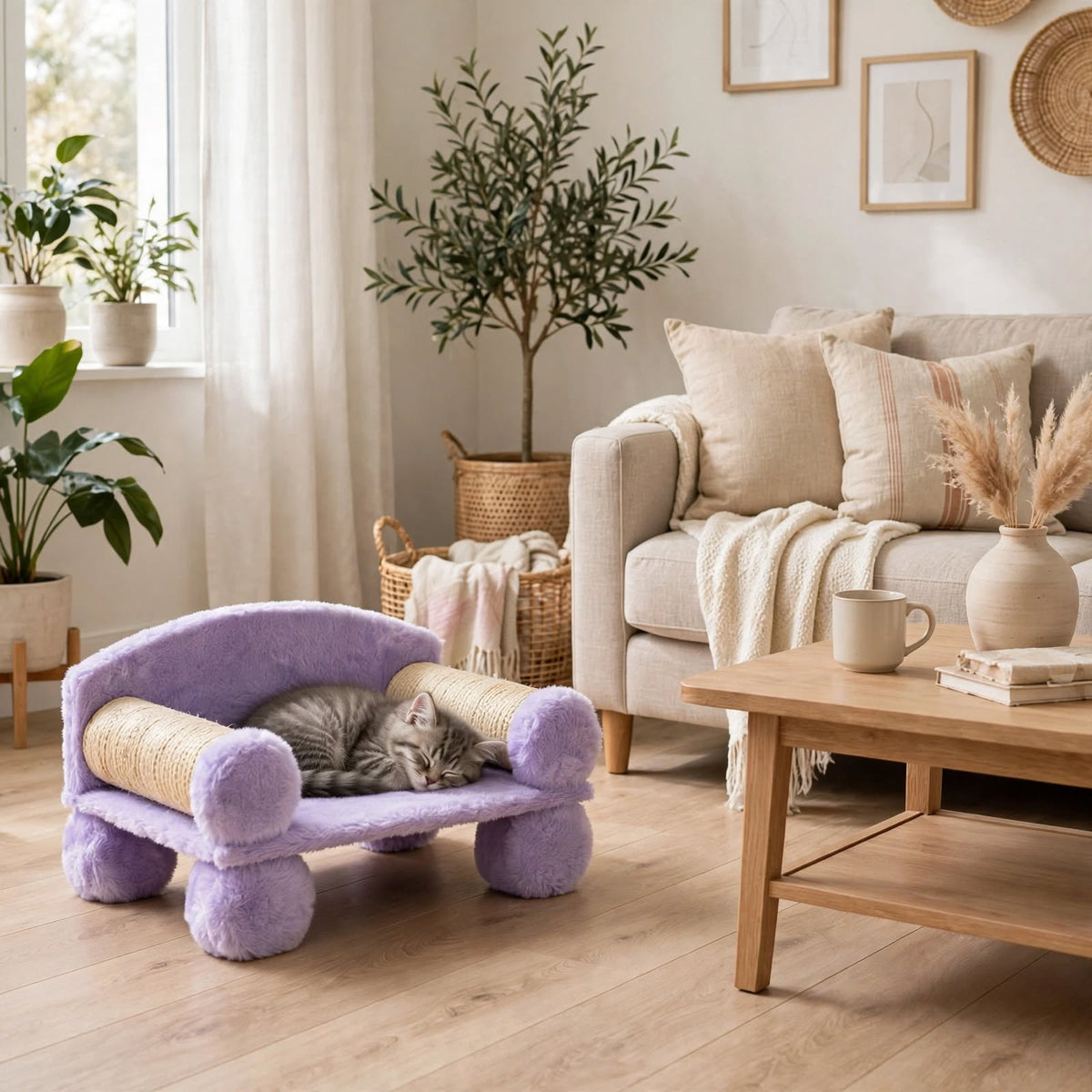 Sofá Rascador para Gatos Lila - Cama de Felpa con Postes de Sisal y Juguete