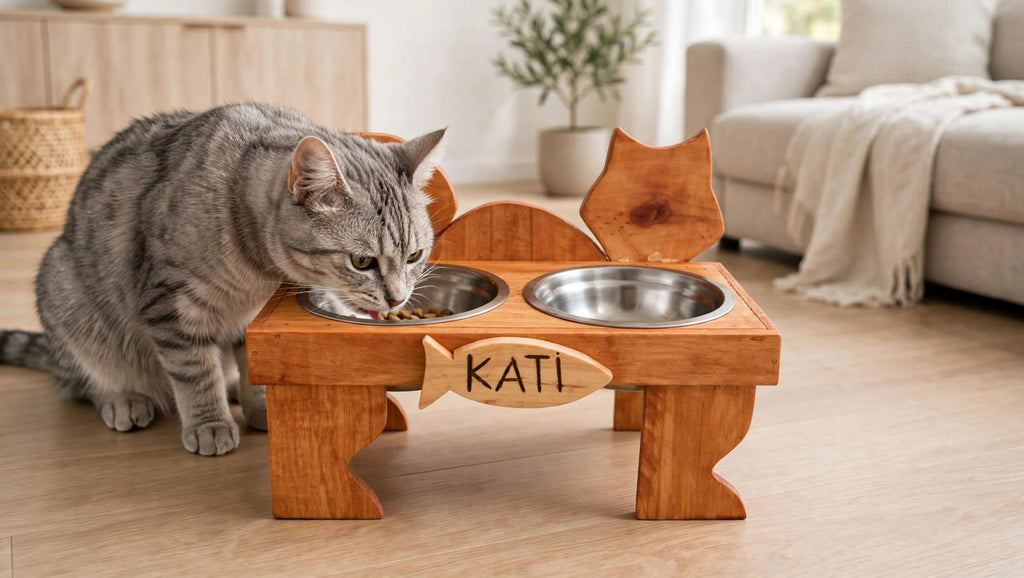 Comedero Elevado Personalizado para Gatos - Madera Natural con Nombre Grabado | 2 Bowls Acero Inoxidable